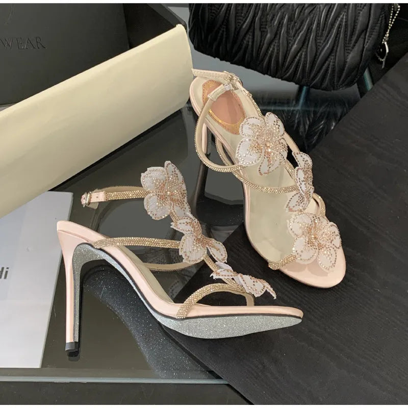 Rhinestones Lace Flowers Decor Heels